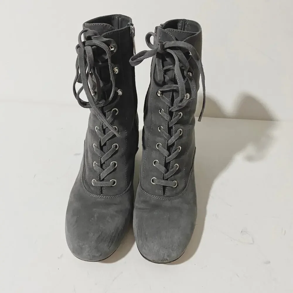 Gianvito Rossi Gray Suede Lace Up Boots Mackay Low Block Heel Ankle Zip sz 38